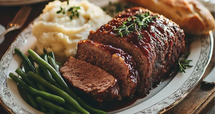 Classic Meatloaf with Mashed Potatoes and Green Beans.This dish is the epitome of classic comfort food, combining a savory meatloaf, smooth mashed potatoes, and vibrant green beans into a hearty and satisfying meal.