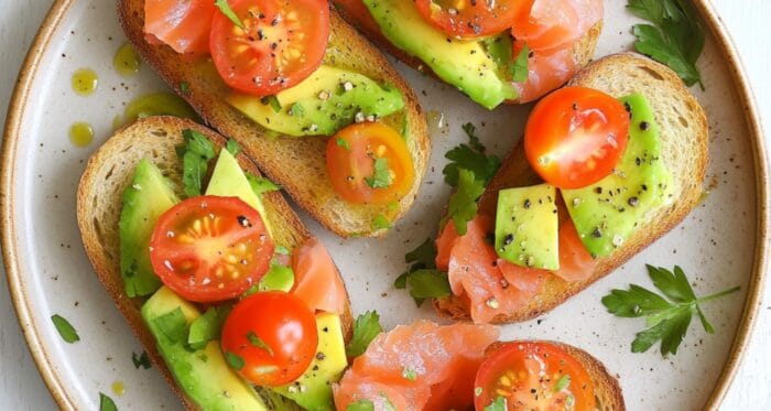 French Bread Topped with Avocado, Smoked Salmon, and Cherry Tomatoes on a Rustic Plate6