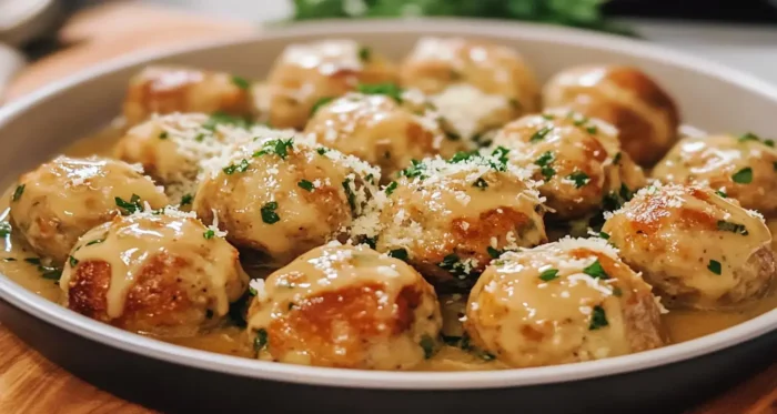 Golden brown chicken meatballs with creamy sauce, topped with parsley and Parmesan cheese in a serving dish