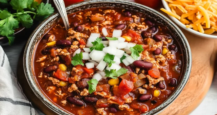 Ground chicken chili in a rustic bowl, topped with diced onions and cilantro, with kidney beans, corn, and tomatoes visible, surrounded by cheese and fresh herb garnishes