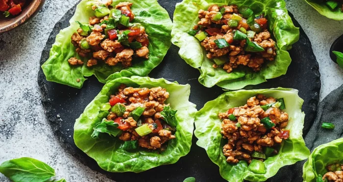 Ground chicken lettuce wraps filled with seasoned chicken, fresh vegetables, and herbs, served on a dark stone plate for a healthy and flavorful dish.