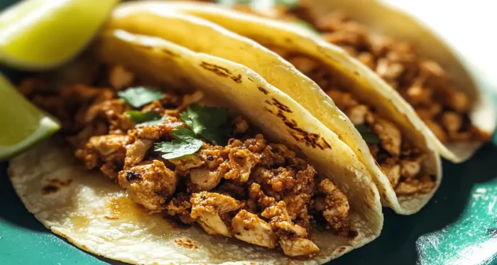 Ground chicken tacos garnished with fresh cilantro, served in soft corn tortillas with lime wedges on a green plate.