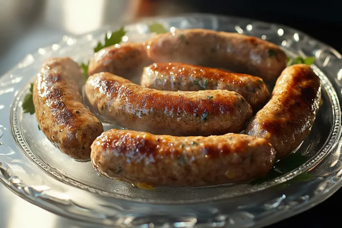 freshly cooked chicken breakfast sausage links arranged on a clear, decorative glass plate. The sausages are golden-brown with a glistening, lightly oiled surface, showcasing their juicy texture