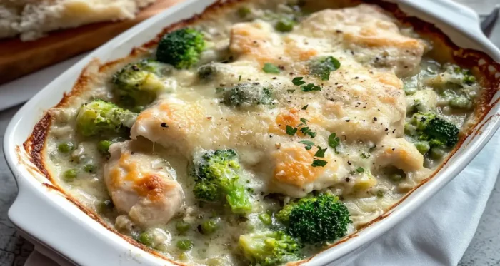 Leftover rotisserie chicken casserole featuring tender chicken, broccoli, and a creamy cheese sauce, baked in a white dish until golden brown.