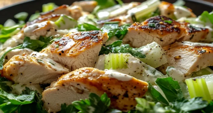 Leftover rotisserie chicken salad with fresh greens, celery, and creamy dressing, showcasing a simple and flavorful way to use leftover chicken.