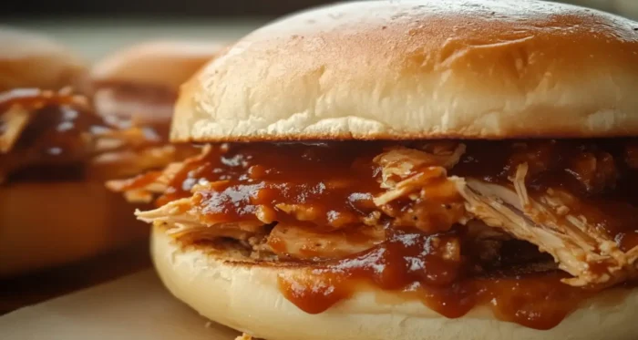 BBQ leftover rotisserie chicken sandwich with shredded chicken and tangy barbecue sauce on a toasted bun