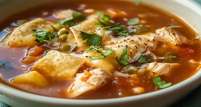 Leftover rotisserie chicken soup topped with fresh cilantro and tortilla strips, featuring a rich broth with vegetables and tender chicken pieces