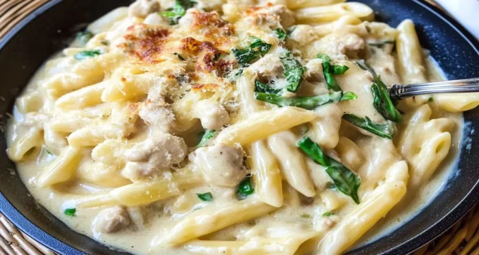 One-skillet cheesy ground chicken pasta with penne, spinach, and a creamy cheese sauce.