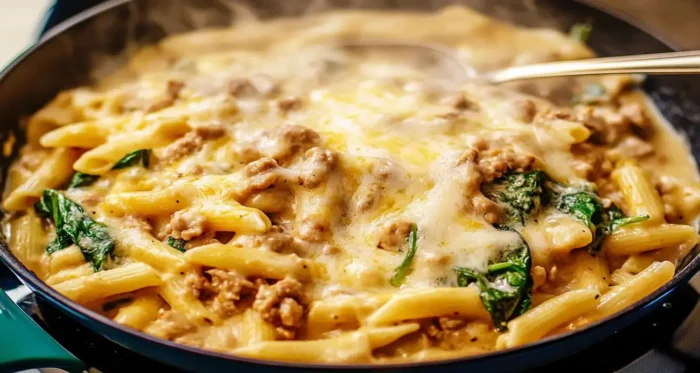 One-skillet cheesy ground chicken pasta with penne, ground chicken, , and melted cheese, served hot in a skillet.