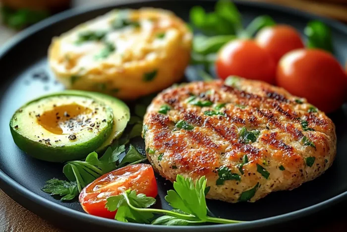 beautifully plated breakfast dish featuring a grilled chicken sausage patty garnished with fresh herbs. It is paired with a halved avocado sprinkled with cracked black pepper, cherry tomatoes, and leafy greens.