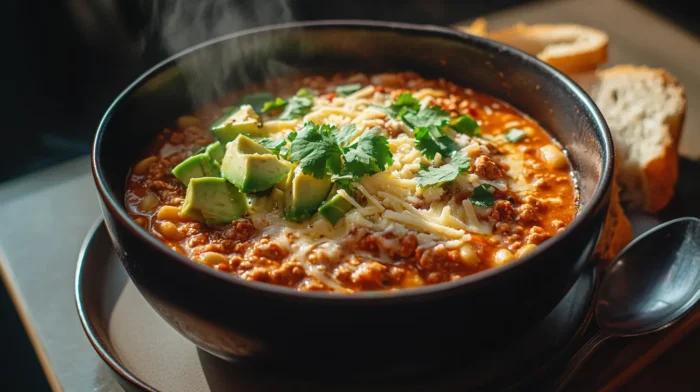 a steaming bowl of ground chicken chili