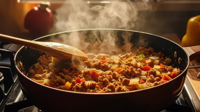 Ground Chicken Chili being browned in a casserole,