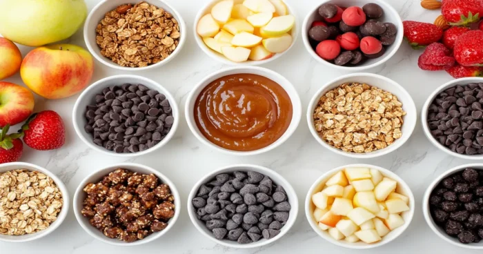 A DIY dipping bar with bowls of applesauce, granola, nuts, chocolate chips, and fresh fruits.