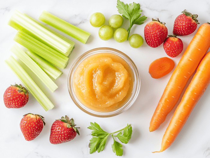 A small bowl of applesauce surrounded by sliced carrots, celery, strawberries, and grapes for a healthy snack.
