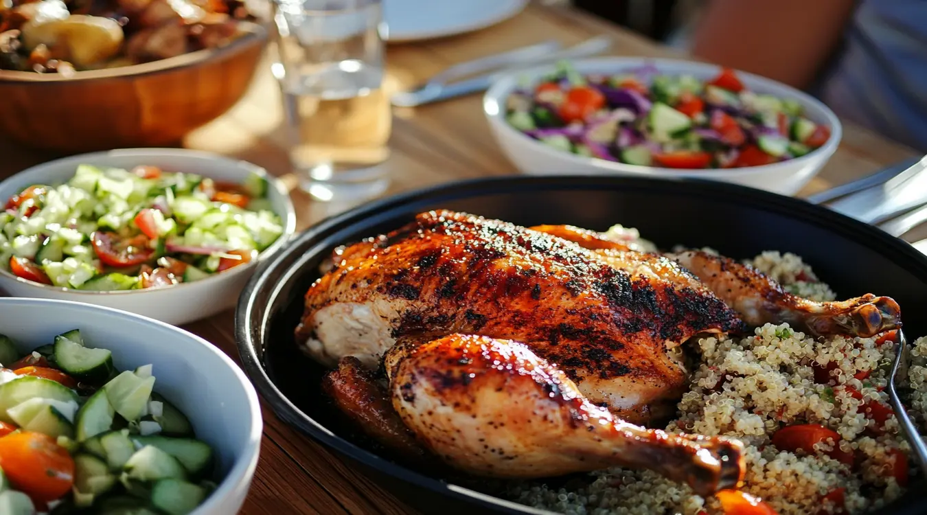 a Juicy dich of rotisserie chicken, appeared with bowls of Quinoa Salad, Cucumber Tomato Salad., and Coleslaw , the scene is on a modern table in an open air restaurant appetizing, warm natural light.