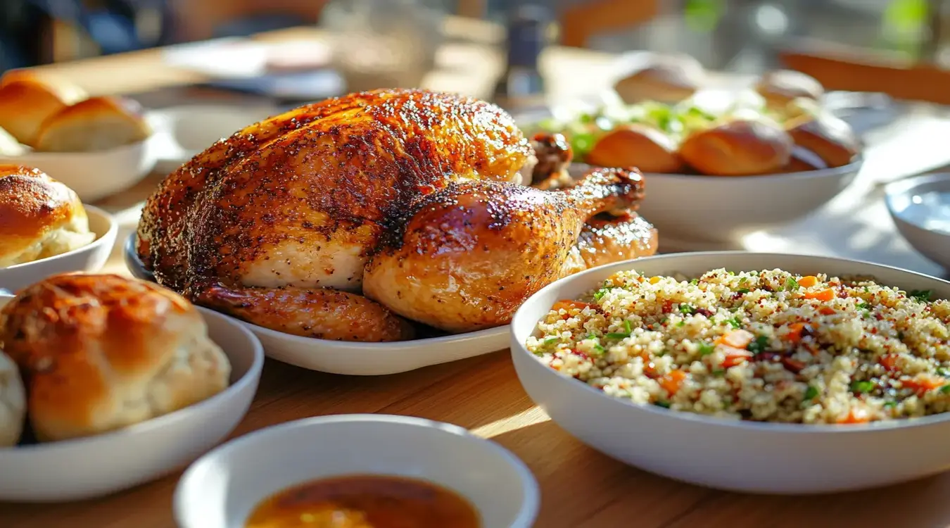 a Juicy dich of rotisserie chicken, appeared with bowls of Quinoa Salad, and Dinner Rolls