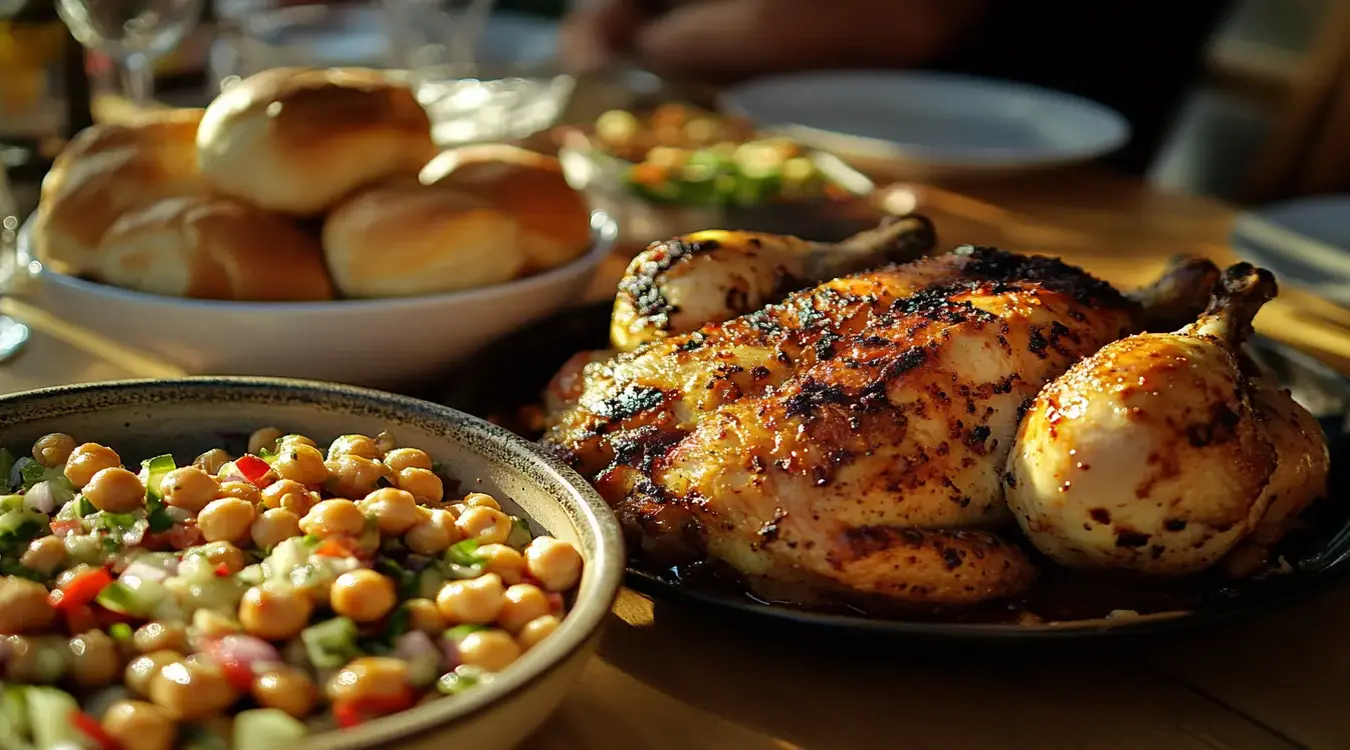  a Juicy dich of rotisserie chicken, appeared with bowls of Chickpea Salad and Dinner Rolls