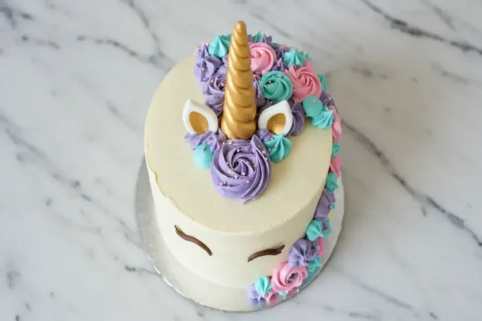 A colorful unicorn cake with pastel frosting and a golden fondant horn, decorated with sprinkles and flowers.