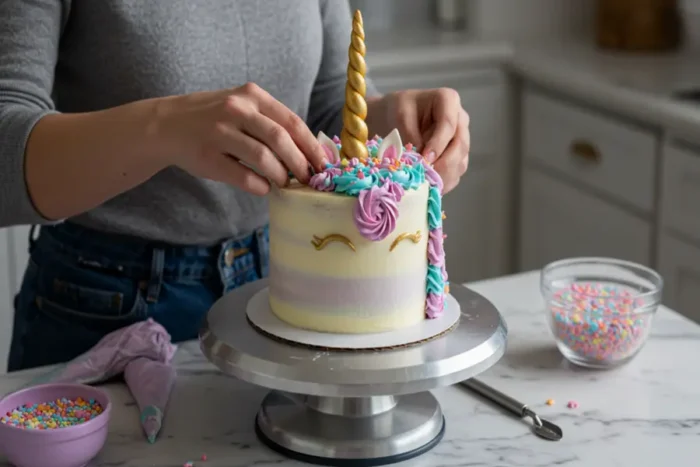 Hands decorating a unicorn cake with pastel frosting and colorful 