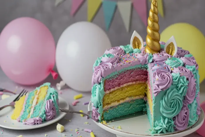 A completed unicorn cake with pastel frosting, golden horn, and colorful layers, ready to serve.