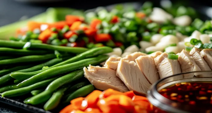 Fresh string beans, sliced chicken breast, soy sauce, garlic cloves, minced ginger, vibrant vegetables,