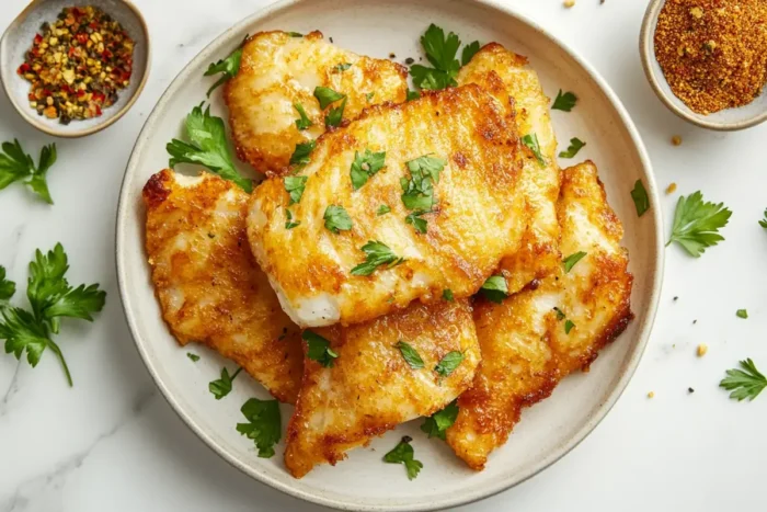 Crispy golden fried fish garnished with fresh parsley and served with a small bowl of seasoning mix on a white marble surface.