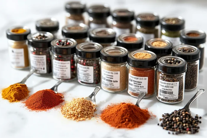 A neat arrangement of spices, including paprika, garlic powder, cayenne, and black pepper, displayed with open spice jars on a white marble surface.