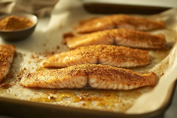 Fresh fish fillets coated with a rich golden fish fry seasoning, arranged on a parchment-lined tray with a small bowl of seasoning nearby.