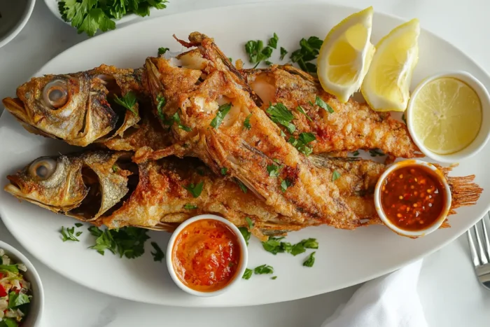 A platter of crispy golden fried fish, garnished with lemon wedges and parsley, served with dipping sauces on a white marble surface.