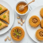 Baklava and kataifi with pistachios and honey on white plates on a modern marble counter.