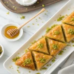 Golden crispy baklava slices with honey and pistachios on a white platter.