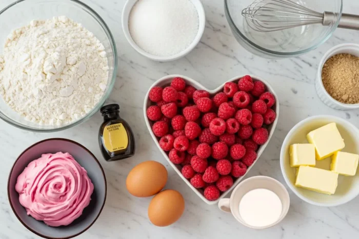 Heart-shaped bowl of fresh raspberries surrounded by essential baking ingredients like flour, eggs, butter, sugar, and pink frosting.
