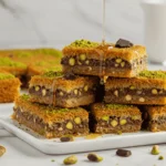 Finished knafeh pistachio chocolate bars on a sleek white plate with syrup, pistachios, and chocolate.