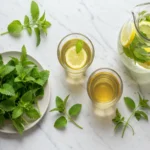 Fresh lemon balm leaves with lemon-infused tea and water pitcher on a marble countertop for refreshing recipes.