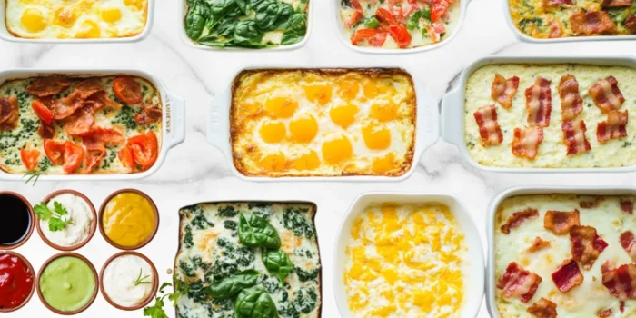 Various creative versions of egg bake including spinach, tomatoes, bacon, and cheese, displayed in white baking dishes.