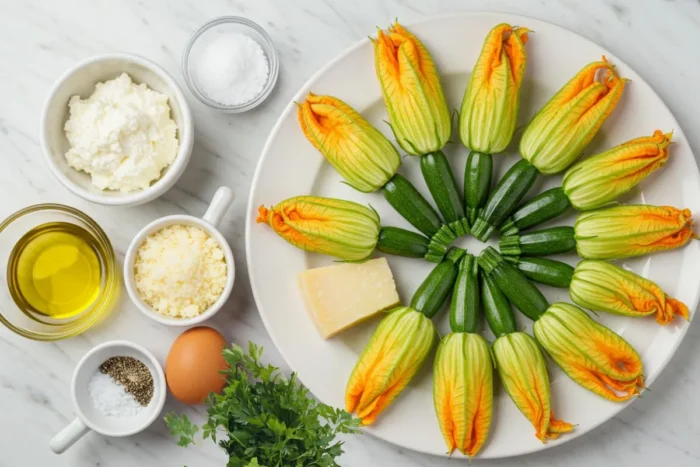 Fresh zucchini flowers, ricotta cheese, parmesan, herbs, and eggs arranged on a white marble kitchen counter.