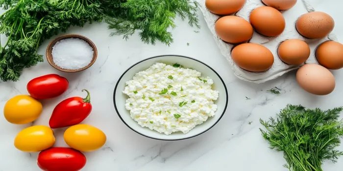 Ingredients for egg bake including cottage cheese, eggs, colorful peppers, fresh parsley, and salt arranged on a white countertop.
