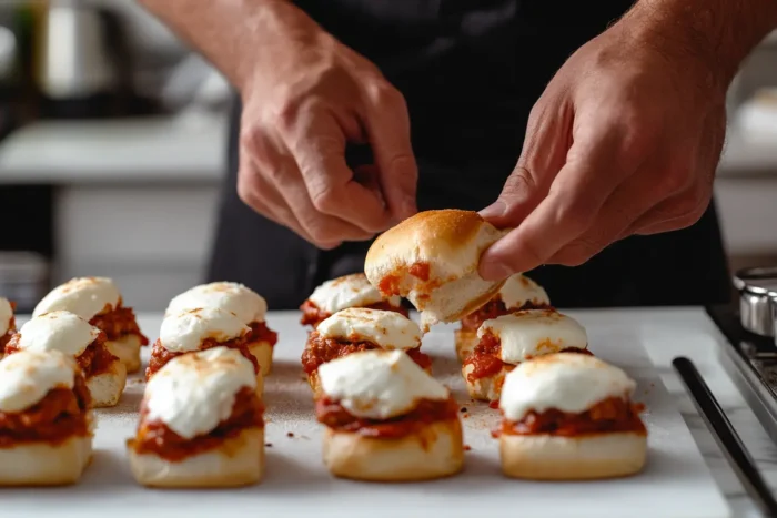 Chef assembling chopped Italian sliders with mozzarella and marinara sauce on slider buns.