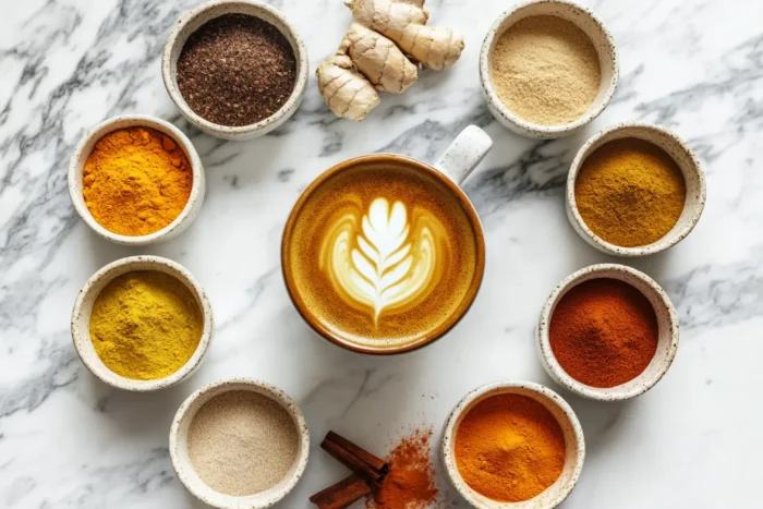 A golden latte with latte art in a ceramic mug surrounded by small bowls of spices including turmeric, cinnamon, ginger, and cocoa powder.
