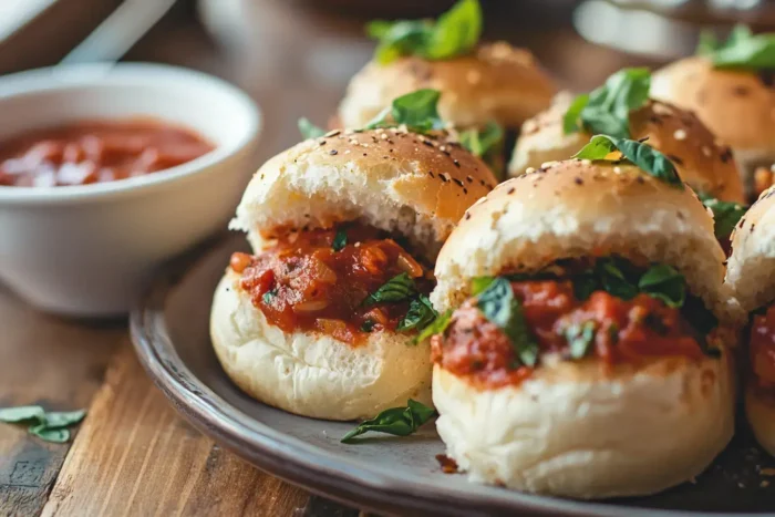 Perfectly baked chopped Italian sliders served with marinara dipping sauce and fresh basil on a rustic wooden table.
