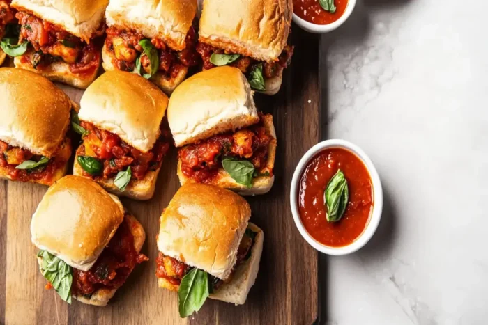 Chopped Italian sliders garnished with fresh basil, served with marinara dipping sauce on a wooden