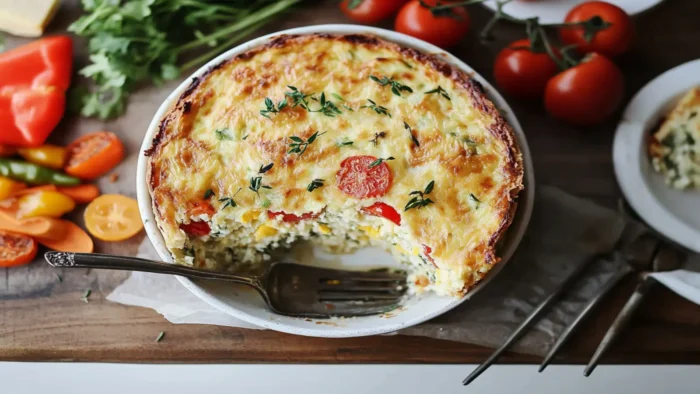 Golden-baked casserole with tomatoes and herbs, served in a white dish with colorful vegetables on a wooden table.