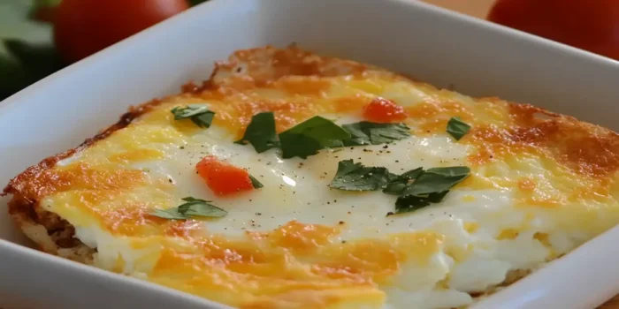 Golden-baked egg casserole with parsley and tomatoes, served in a white dish for a hearty and healthy meal.
