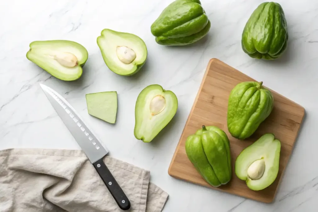 Fresh green chayote fruits 