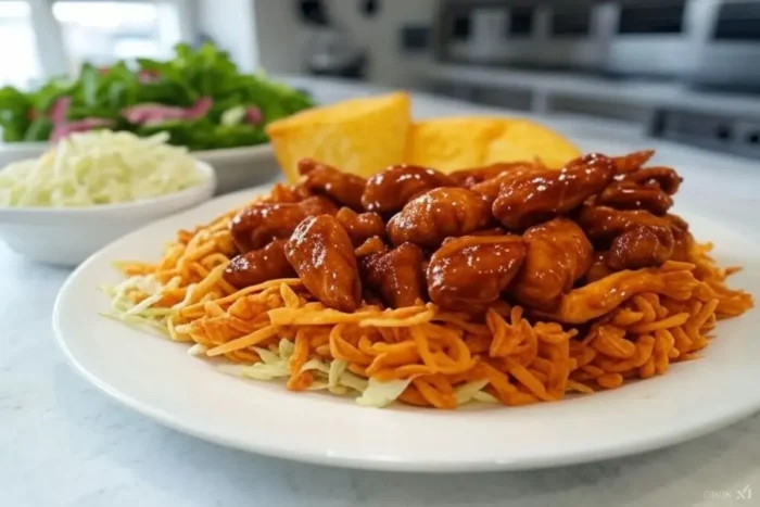 Slow-cooker BBQ chicken with sides on a white marble countertop.