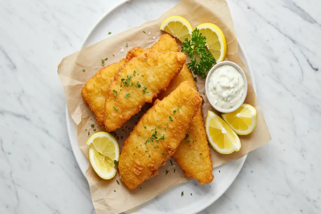 Crispy golden fish fillets with tartar sauce and lemon wedges on a white marble plate.