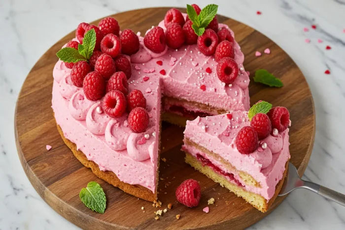 A heart-shaped raspberry cake with pink frosting, fresh raspberries, mint leaves, and decorative pearls served on a wooden board.