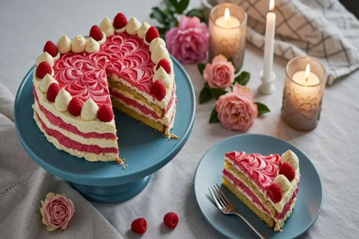 A beautifully decorated layered raspberry cake with pink and white frosting, topped with fresh raspberries, on a blue cake stand.