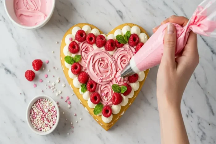 Hand decorating a heart-shaped cake with pink frosting, fresh raspberries, mint leaves, and sprinkles on a marble countertop.
