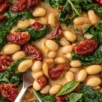 A creamy Tuscan white bean skillet filled with white beans, spinach, sun-dried tomatoes, and fresh herbs in a white skillet.